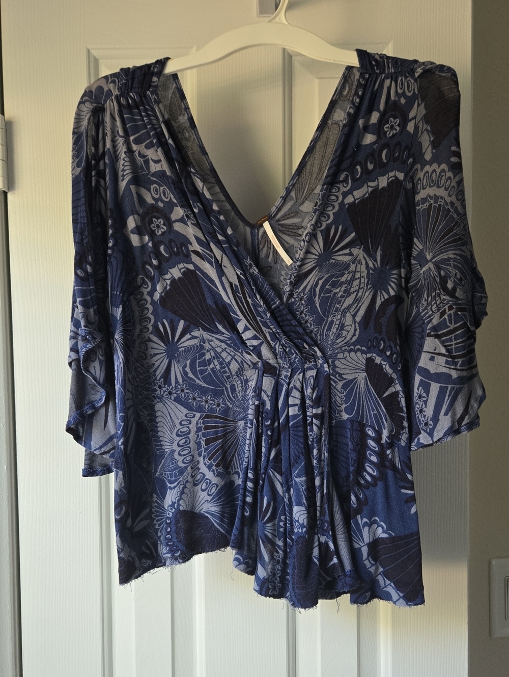 Free People Navy Blue Floral Wrap Blouse